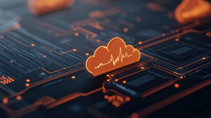 Leinwandbilder - Digital Health Concepts. Digital cloud icon on a futuristic circuit board background, symbolizing technology and data storage innovations.