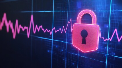 Leinwandbilder - Digital Health Concepts. Digital illustration featuring a padlock overlaid on a vibrant heartbeat graph, symbolizing security and data protection.