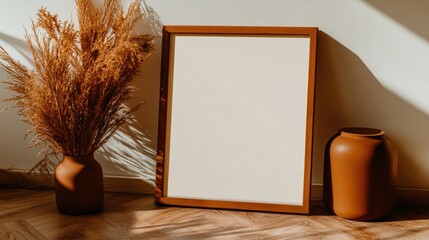 Poster - Simple wooden picture frame with a blank space for a photo or artwork on a white background