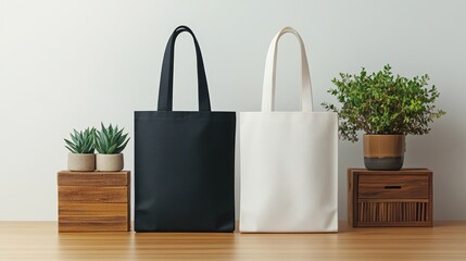 Poster - Two black and white bags placed on a table with a neutral background and soft lighting