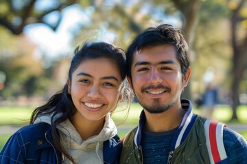 Wall Mural - Portrait of a satisfied latino couple in their 30s sporting a stylish varsity jacket over bright and cheerful park background