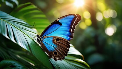 Canvas Print - Bright blue butterfly resting on green leaves during a warm summer afternoon