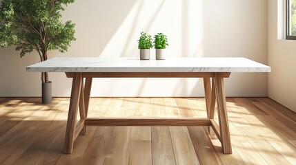 Wall Mural - White marble table with a green plant on top in a modern interior setting