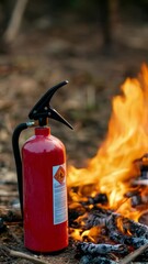 Poster - Red fire extinguisher resting on ground beside burning wood in forest, highlighting the contrast between safety equipment and raging flames, underscoring fire safety importance outdoors