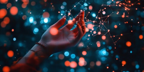 Poster - hand reaching for glowing network, technology and connection concept with blue background