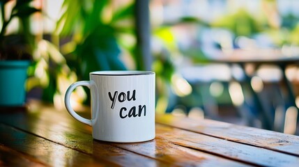 Poster - A warm setting is illuminated by natural light where a white mug displaying the words you can sits on a rustic wooden table, surrounded by lush green plants, fostering an encouraging atmosphere