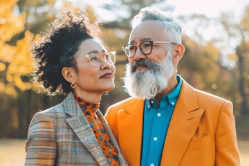 Wall Mural - Portrait of a tender multiethnic couple in their 50s dressed in a stylish blazer isolated in bright and cheerful park background