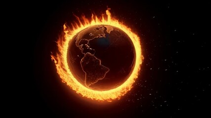 Poster - Planet earth burning in a fiery ring against a black background, illustrating the urgent issues of global warming and environmental destruction while highlighting the looming climate crisis