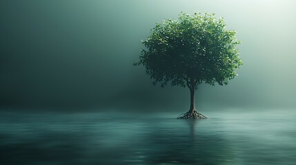 Canvas Print - Serene solitary tree standing in misty water, surrounded by a tranquil, ethereal landscape