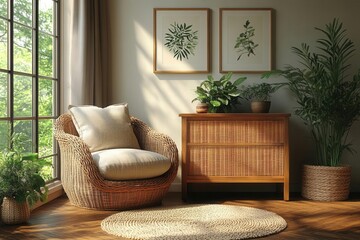 scandinavianstyle living room featuring a cozy armchair beside a wooden wicker dresser adorned with three framed prints all bathed in soft natural light