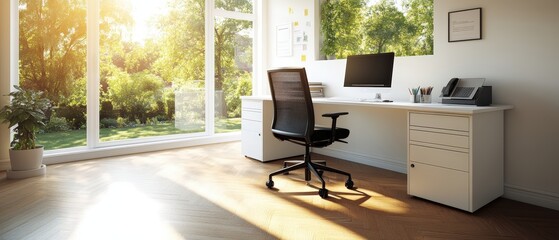 Poster - Desk setup featuring a desktop computer and a laptop on a clean workspace with office supplies