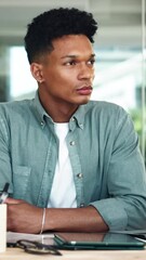 Fototapete - Thinking, tablet and creative man in startup for inspiration, research project or perspective. App designer, daydreaming and male person in office with digital technology for growth ideas or business