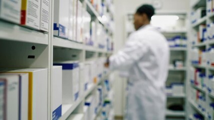 Poster - Pharmaceutical professional methodically searching medicine boxes on storage room shelves, revealing meticulous inventory management during detailed workplace workflow