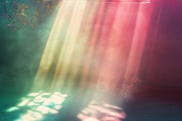 Poster - Rays of vibrant light filtering through an open window creating colored shadows indoors
