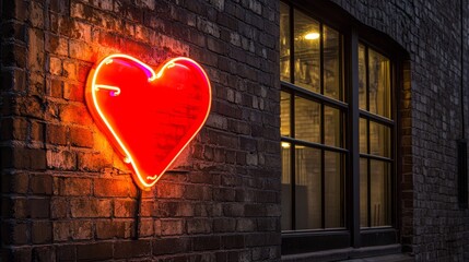 Wall Mural - A red neon heart sign illuminates a city night, casting a romantic ambiance against a brick wall, perfect for Valentine's Day