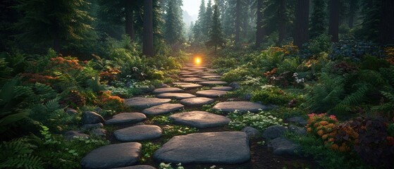 Poster - Pathway through lush forest surrounded by rocks and colorful wildflowers in natural landscape