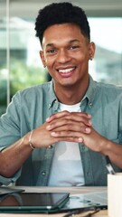 Aufkleber - Design, face and smile with man at desk in office for computer programming or web development. Coding, engineering and software build with happy graphic designer in workplace for website testing
