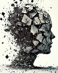 Poster - Fragmenting identity abstract sculpture of a shattered face in an artistic studio environment