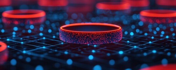 Aufkleber - Futuristic digital landscape with glowing circles and a grid pattern, suggesting technology and innovation.