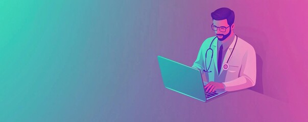 Aufkleber - A healthcare professional works on a laptop, symbolizing telemedicine and digital health solutions in a vibrant, modern setting.