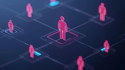 Aufkleber - Visual representation of a network with stylized human figures interconnected, highlighting one in a prominent position.