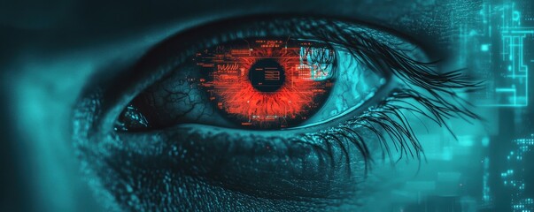 Fototapete - A close-up of a human eye featuring a striking red iris, surrounded by digital elements and a futuristic aesthetic.