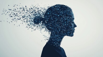 Fototapete - A silhouette of a woman composed of scattered particles, suggesting themes of transformation, identity, and fragmentation.