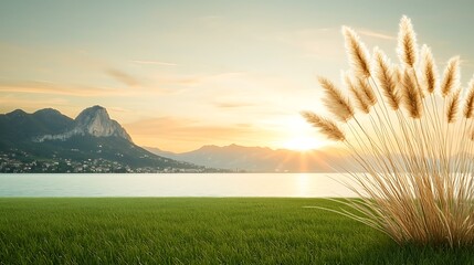 Canvas Print - Serene sunset over a tranquil lake with mountains in the background and tall grass in the foreground