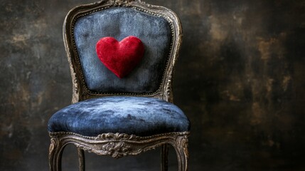 A crimson heart rests on a vintage chair in a dimly lit room, evoking romance and Valentine's Day