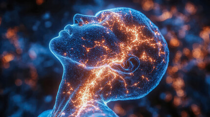 Poster - A digital visualization of a human head illuminated with a glowing neural network