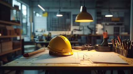 Leinwandbilder - A beautifully lit construction setup featuring a yellow hardhat and tools on a textured wooden surface, rich in fine details and realism.