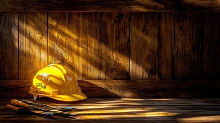 Leinwandbilder - A beautifully lit construction setup featuring a yellow hardhat and tools on a textured wooden surface, rich in fine details and realism.
