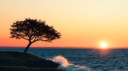 Poster - Serene sunset over the ocean with a lone tree on the cliff, waves crashing gently below