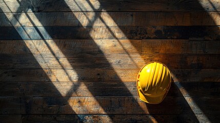 Leinwandbilder - A beautifully lit construction setup featuring a yellow hardhat and tools on a textured wooden surface, rich in fine details and realism.