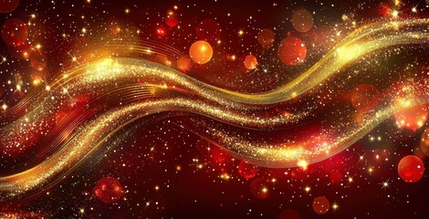 Poster - Shimmering gold and red abstract sparkling wave on starry background