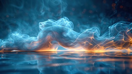 Poster - Surreal blue and orange smoke with reflective surface and ambient glow
