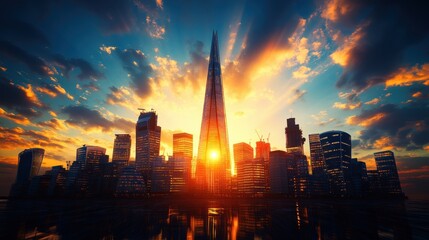 Poster - City skyline silhouette during vibrant sunset with colorful sky and clouds in urban landscape
