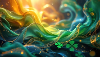 Poster - Colorful fabric waves with sparkling gold accents and clover designs in abstract light