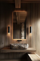 Wall Mural - A bathroom with a stone sink and a mirror