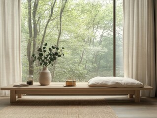 Wall Mural - A wooden table with a vase of flowers on it