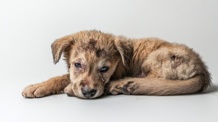 Wall Mural - A cute, wet puppy lies down, looking tired and slightly dirty, with a soft expression on its face against a plain background.