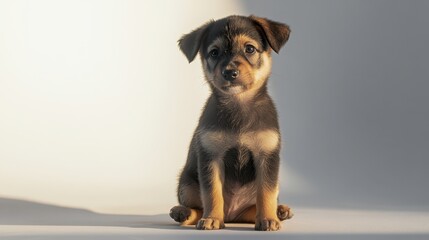 Wall Mural - A cute puppy sits attentively, showcasing its playful demeanor and fluffy coat against a soft, neutral background.