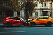 © VetalStock - Close up Crash on the road. Two Vehicles with front end damage on a city road.