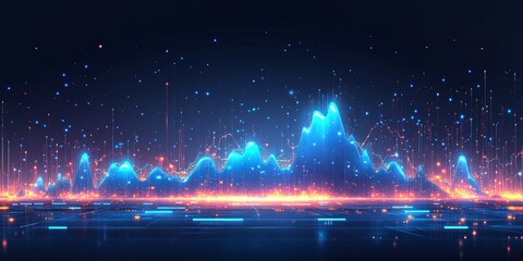 Poster - Blue Neon Upward Trending Line Graph on Dark Background, Futuristic Glowing Financial Chart