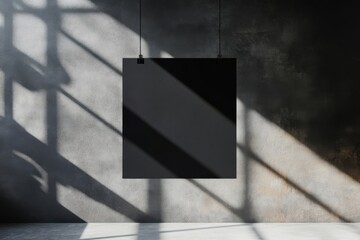 Poster - Mockup of suspended A4 paper on gray wall with sunlight creating soft geometric shadows