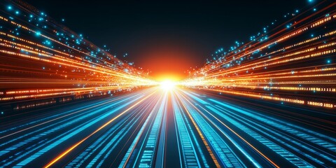 Abstract Digital Highway with Futuristic, Saturated Colors, Converging Lines, and Data Streams