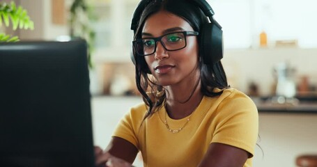 Poster - Glasses, coder and computer with woman at home for freelance developer, gaming programmer and research. Gameplay database, character design and remote software engineer with person and headphones