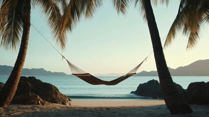 Aufkleber - Soft swaying hammock hanging between lush palm trees, capturing tranquil oceanfront scenery with golden sunset light casting warm hues across coastal landscape