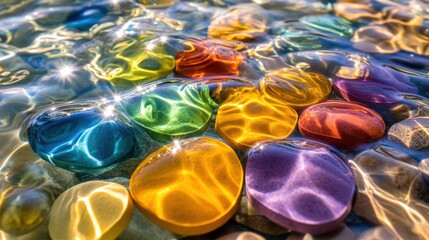 Wall Mural - A close-up of pills suspended in crystal-clear water, their bright colors reflecting refracted sunlight.