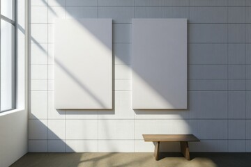 Poster - Mockup of hyper-realistic restroom wall design featuring blank canvases and natural lighting